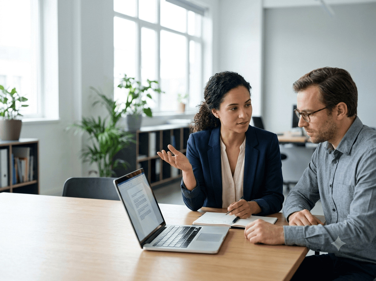 Dos personas conversando sobre un reclamo o una queja en el trabajo
