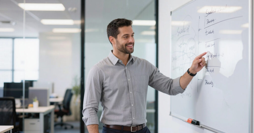 Equipo de ventas revisando el plan de acción de su meta comercial