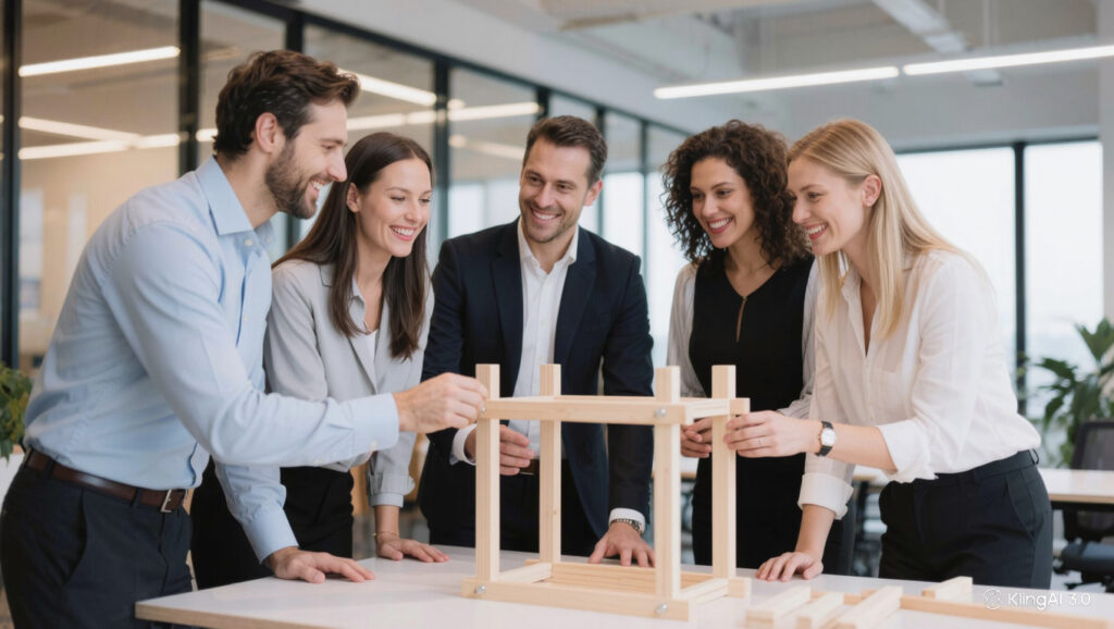 Equipo de trabajo participando en una actividad de team building interno